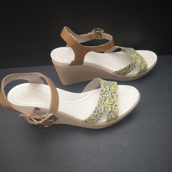 Crocs Dual Comfort Ladies Size 9 Purple Lime Yellow White Wedge Heel Sandals - Picture 2 of 9